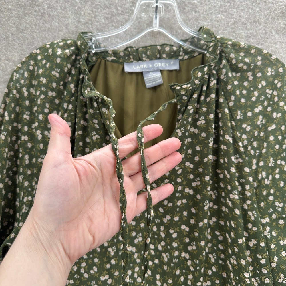 Lark + Grey Olive Green Floral Chiffon Tiered Cottagecore Dress XL Ruffle - Picture 4 of 8